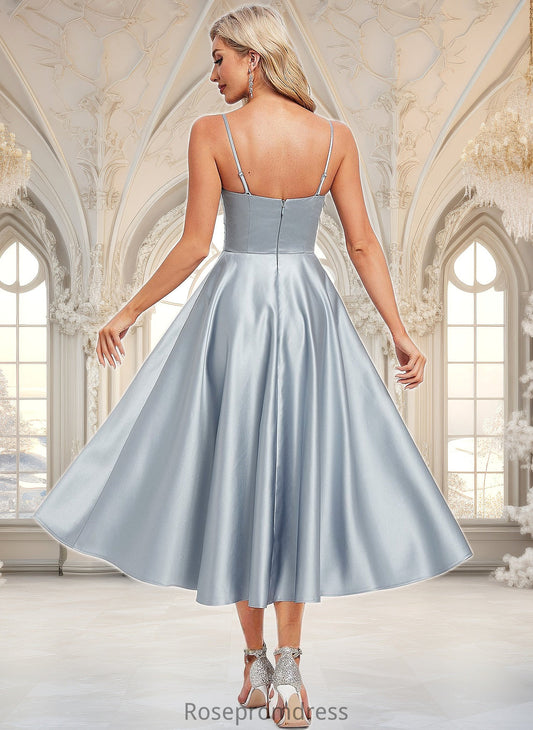 Athena A-line V-Neck Tea-Length Satin Homecoming Dress DSP0025694