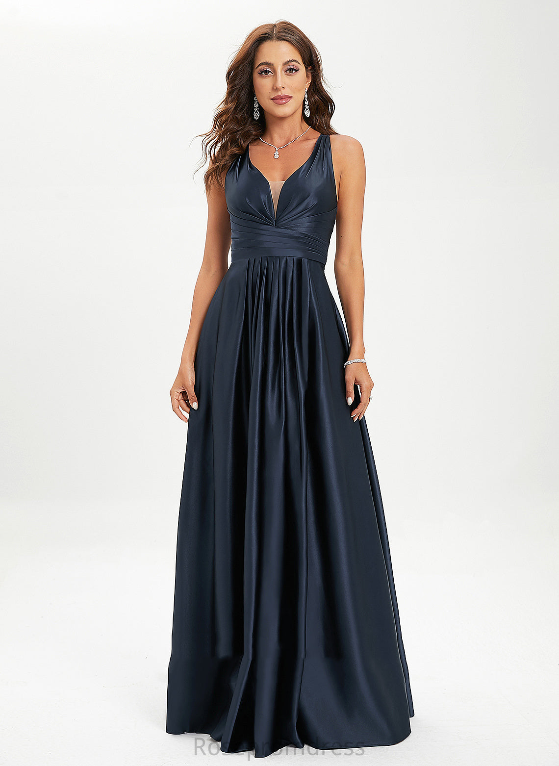 Pleated With Satin A-Line Prom Dresses V-neck Eve Floor-Length