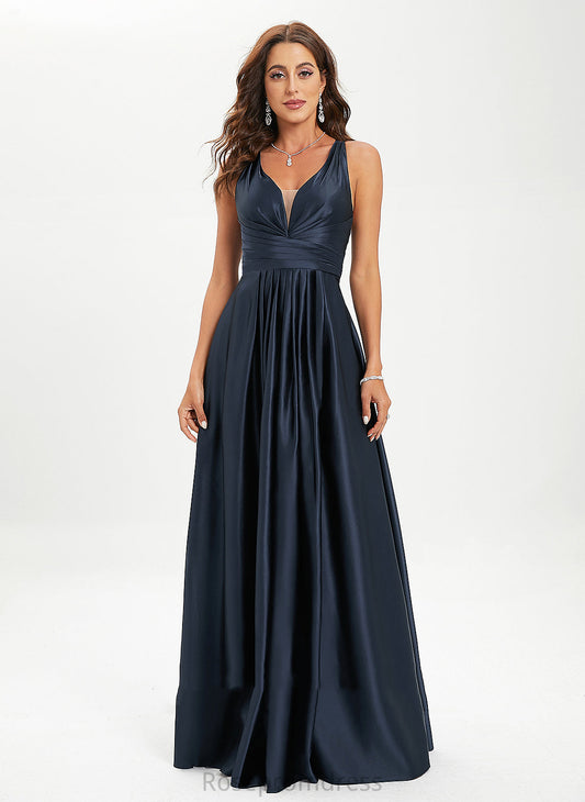 Pleated With Satin A-Line Prom Dresses V-neck Eve Floor-Length