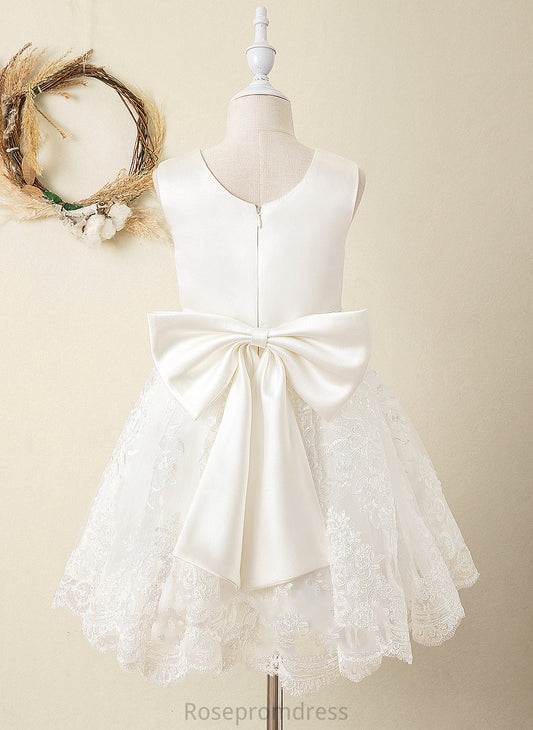 Scoop Ball-Gown/Princess Satin/Lace Sleeveless Knee-length Flower Girl Dresses - Genesis (Undetachable Flower Girl sash) Bow(s) Neck Dress With