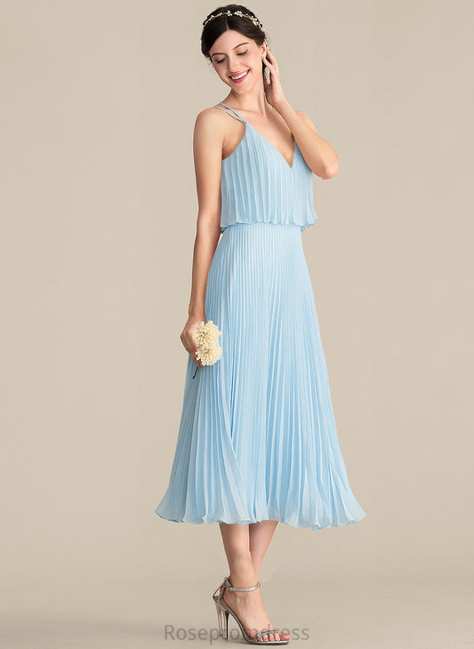 V-neck A-Line Length Tea-Length Neckline Embellishment Pleated Fabric Silhouette Stella Floor Length Natural Waist Bridesmaid Dresses