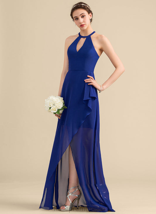 Silhouette ScoopNeck Length Neckline CascadingRuffles Fabric A-Line Embellishment Asymmetrical Khloe Sleeveless Floor Length Bridesmaid Dresses