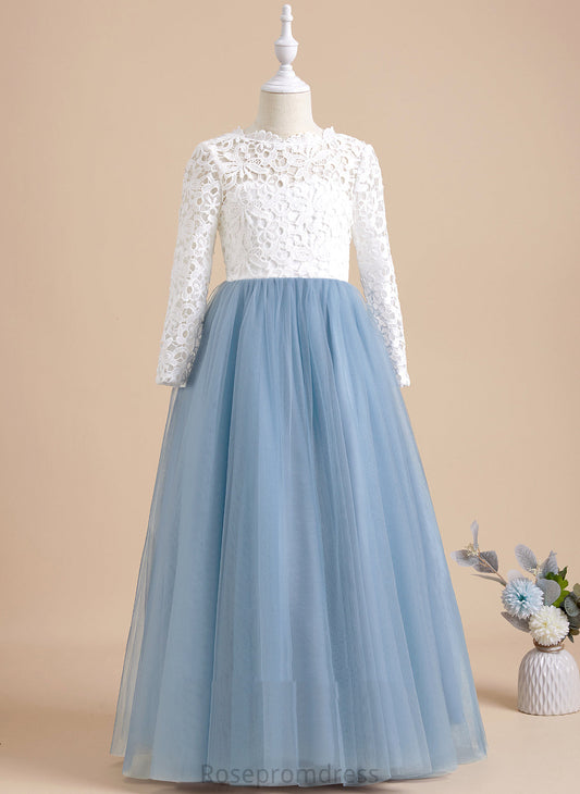 Bow(s)/V Kaylee Flower Back Girl Floor-length With Dress - Flower Girl Dresses Neck Tulle/Lace Scoop Long Ball-Gown/Princess Sleeves