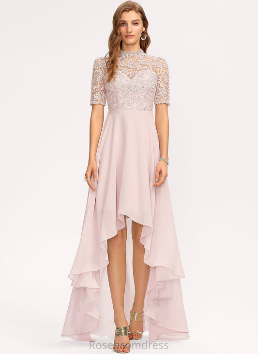 A-Line Neckline HighNeck Silhouette Length Lace Fabric Straps Asymmetrical Ayana Scoop Sleeveless Bridesmaid Dresses