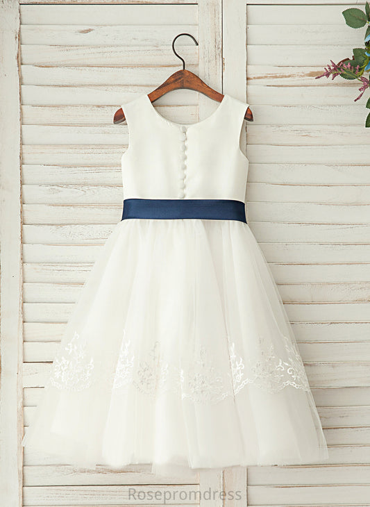 Neck Satin/Lace With Dress Girl Kaila A-Line/Princess Flower Girl Dresses Sleeveless Flower Tea-length Sash - Scoop