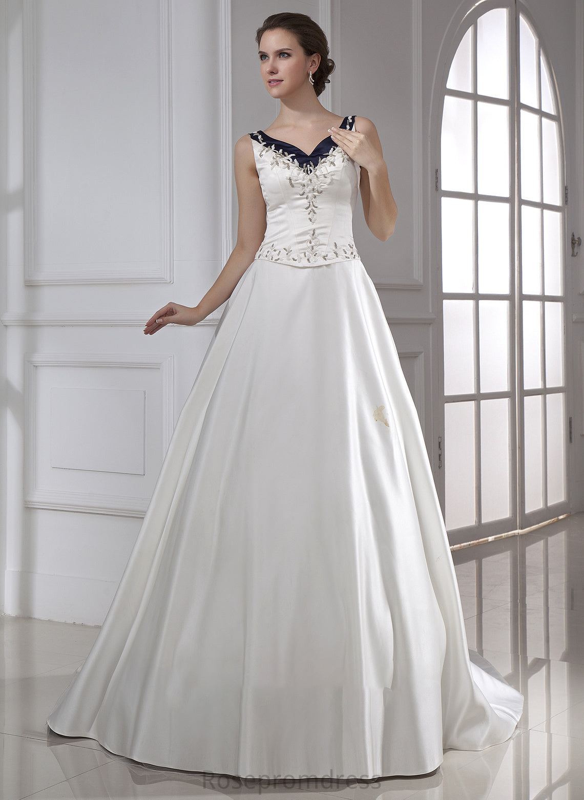 Dress Chapel Satin V-neck Beading Embroidered Ball-Gown/Princess Train Wedding With Kaley Wedding Dresses Sequins