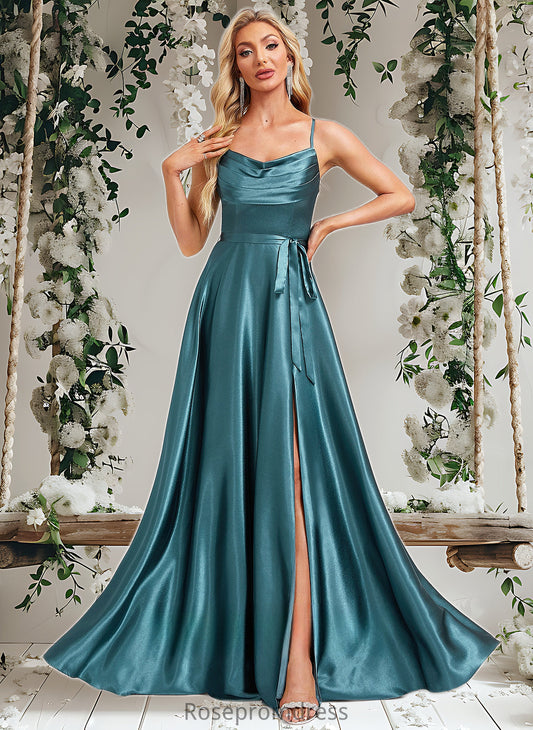 Kailyn A-line Cowl Floor-Length Stretch Satin Bridesmaid Dress With Ruffle DSP0025781