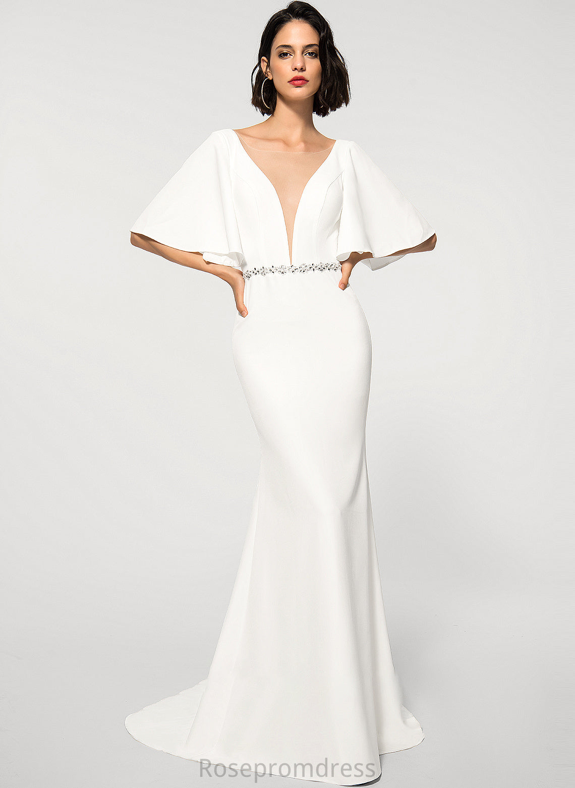 Daphne Beading Stretch Dress Wedding With Crepe Trumpet/Mermaid Wedding Dresses Sweep V-neck Train
