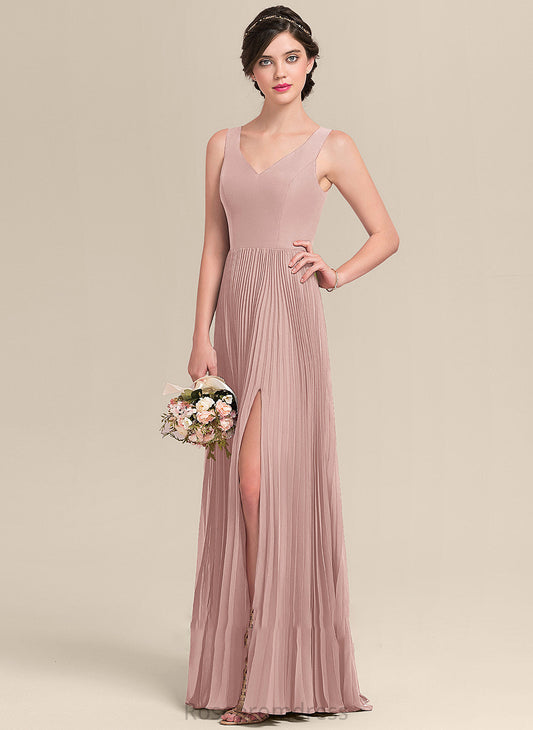 A-Line Fabric Silhouette Floor-Length Neckline Embellishment Length SplitFront V-neck Pleated Esther Spaghetti Staps Bridesmaid Dresses