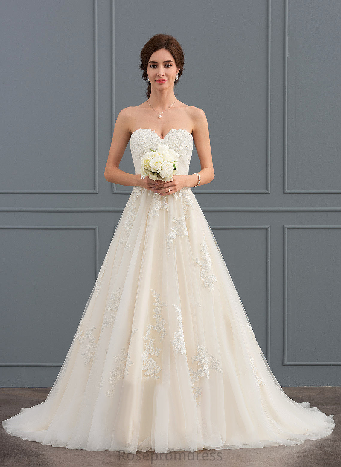 Claire Sweetheart Ruffle Court Train Lace Dress Ball-Gown/Princess With Wedding Dresses Wedding Beading Tulle