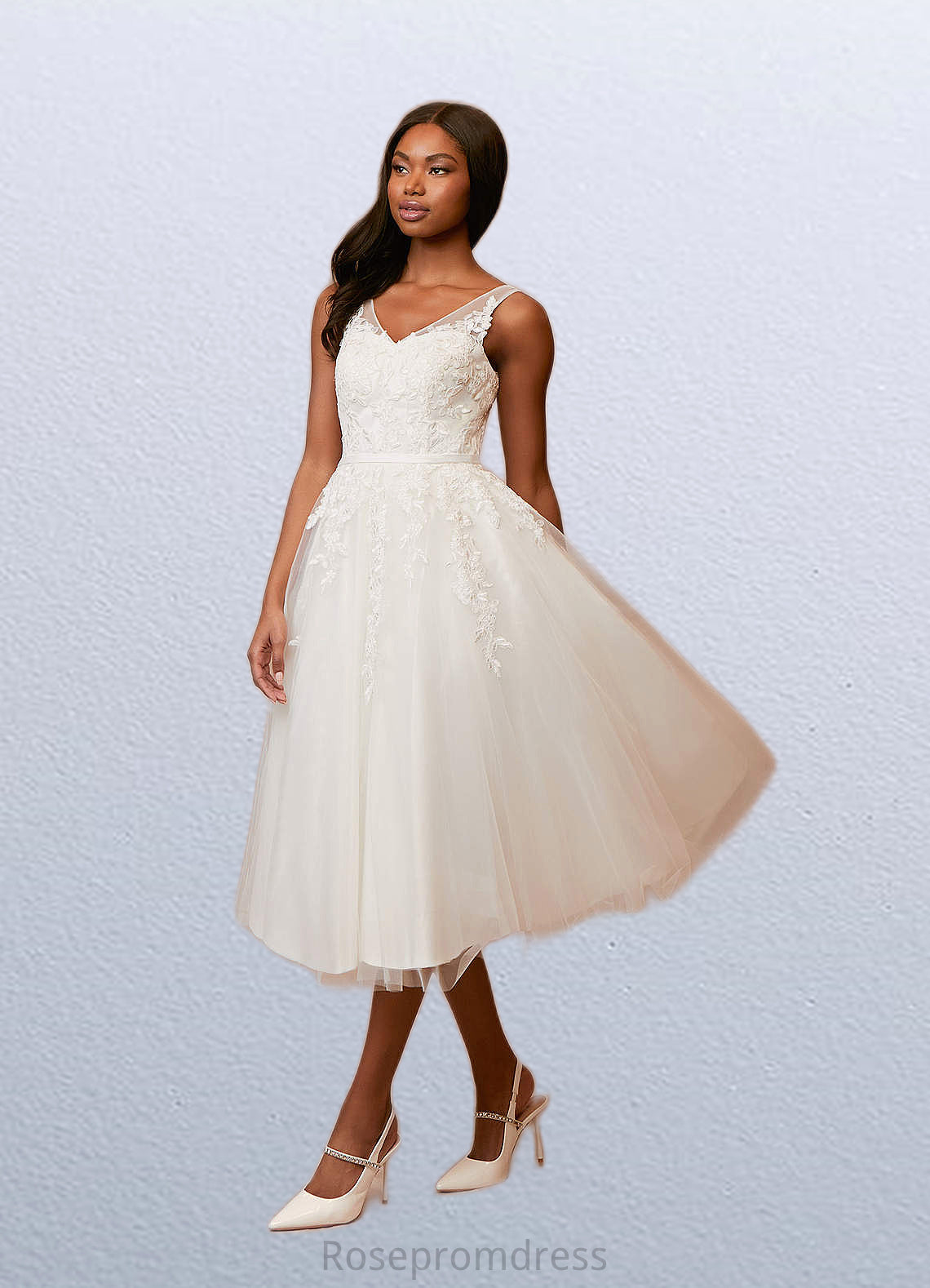 Polly A-Line Lace Satin Tea-Length Dress SRSP0020051