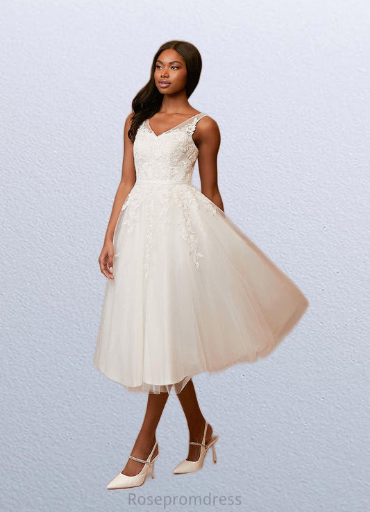Polly A-Line Lace Satin Tea-Length Dress SRSP0020051