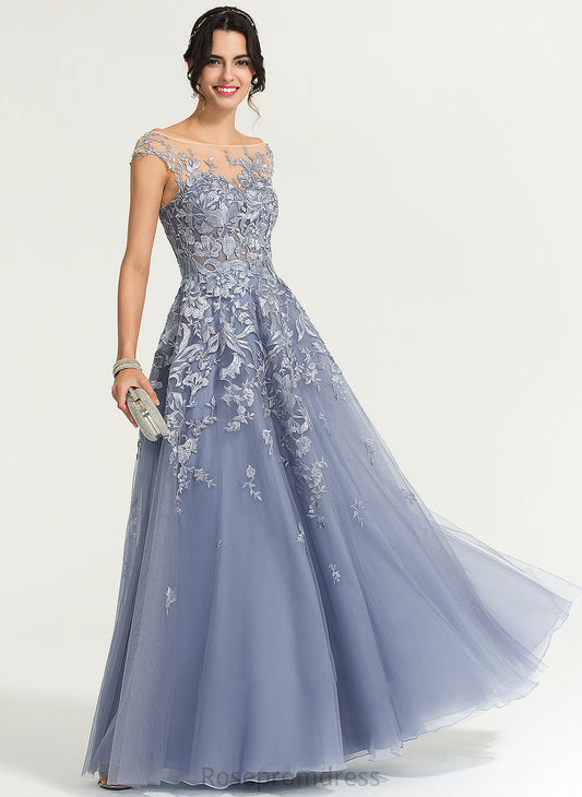 Pearl Floor-Length Scoop Tulle Ball-Gown/Princess Neck Prom Dresses