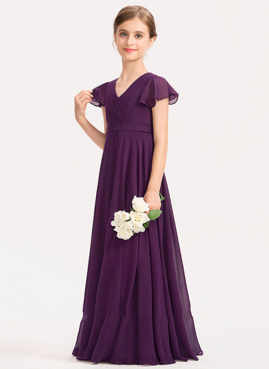 Ruffles With Floor-Length Chiffon Cascading Alia A-Line Junior Bridesmaid Dresses V-neck Bow(s)