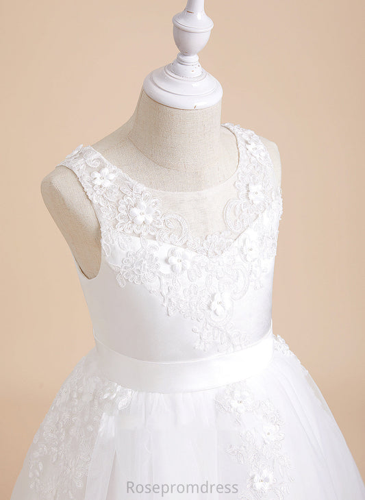 A-Line With Tea-length Sleeveless Beading/Flower(s) Meghan Tulle/Lace Dress - Flower Girl Scoop Flower Girl Dresses Neck