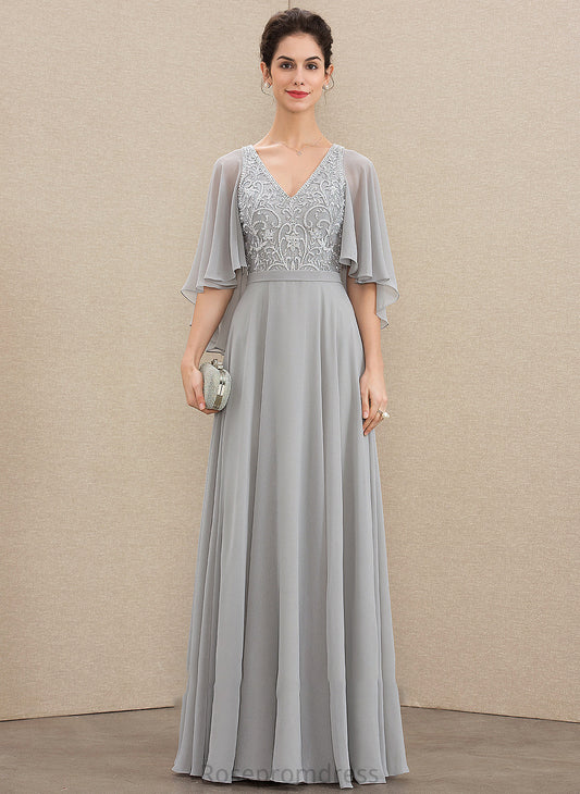 A-Line Viola Sequins Chiffon Mother Mother of the Bride Dresses of Dress Lace Floor-Length With V-neck the Beading Bride