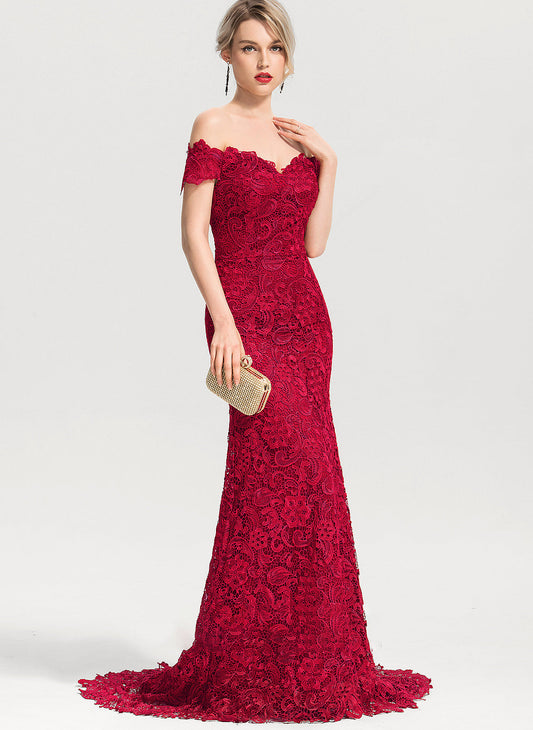 Off-the-Shoulder Lace Elizabeth Trumpet/Mermaid Sweep Prom Dresses Train