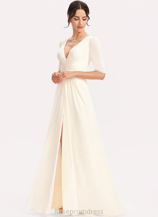 Neckline Floor-Length A-Line V-neck SplitFront Length Silhouette Embellishment Fabric Alanna Sleeveless Natural Waist Bridesmaid Dresses