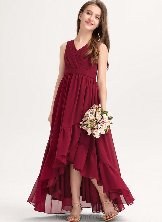 With Cascading V-neck Miah Chiffon A-Line Ruffles Bow(s) Asymmetrical Junior Bridesmaid Dresses