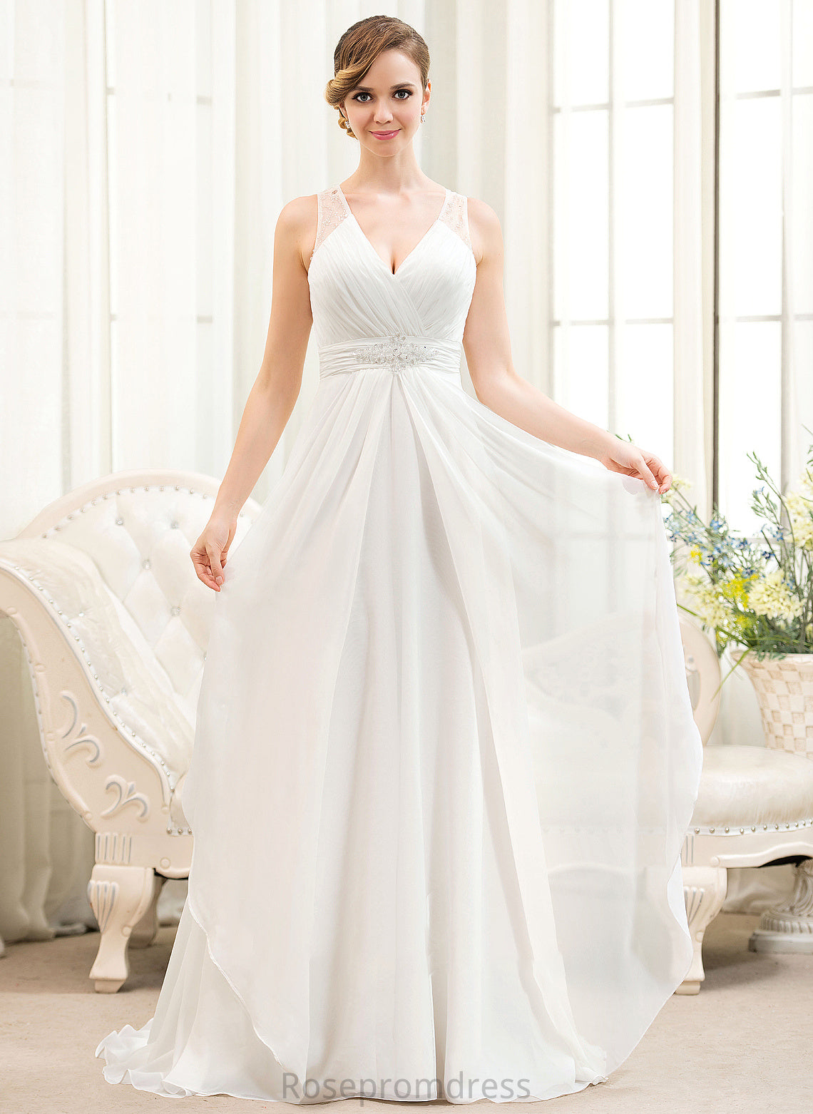 Cascading Wedding Michaela Wedding Dresses Chiffon Beading A-Line V-neck Train With Dress Sweep Ruffles Sequins