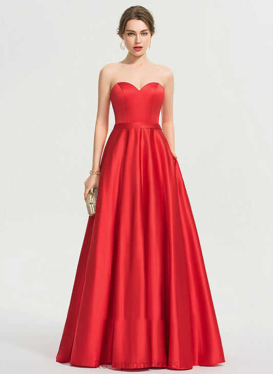 Pockets Parker Floor-Length Satin Beading Sequins Prom Dresses Sweetheart With Ball-Gown/Princess