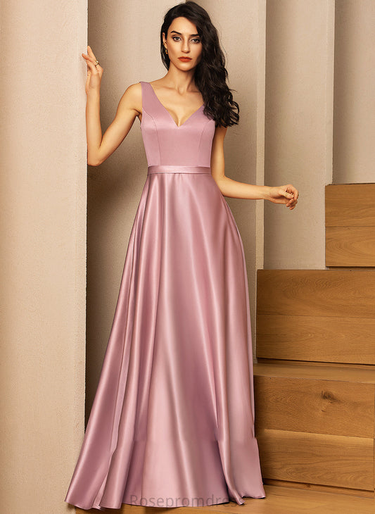 Floor-Length Pockets Fabric Straps V-neck Neckline Embellishment Satin Length Kathy A-Line/Princess Floor Length Bridesmaid Dresses
