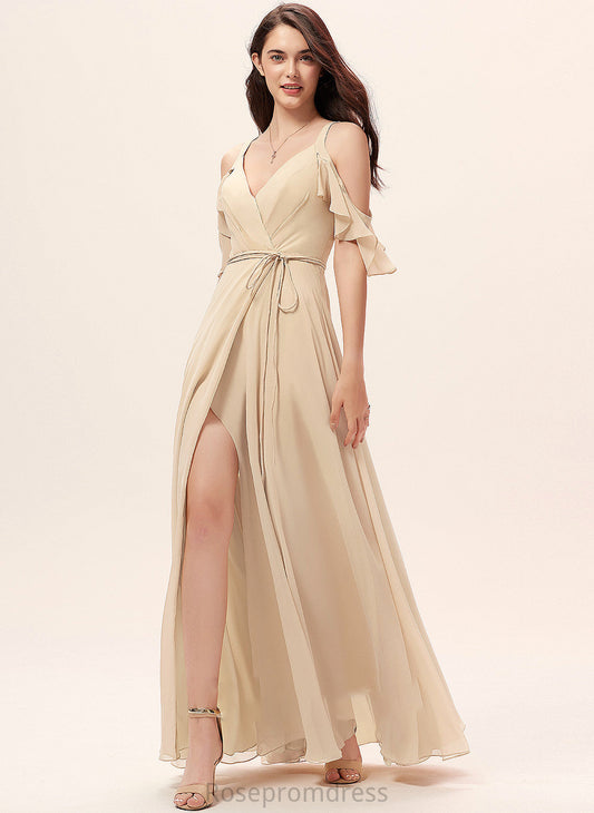 Fabric Floor-Length Embellishment Silhouette SplitFront Ruffle V-neck Neckline Length A-Line Vanessa Natural Waist Bridesmaid Dresses