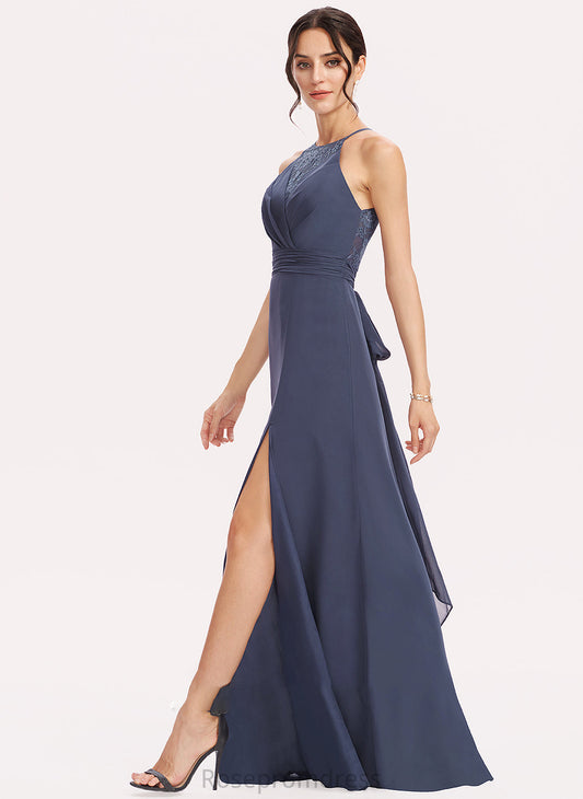 A-Line Lace Neckline SplitFront Fabric Halter Embellishment Length Floor-Length Silhouette Viola V-Neck Bridesmaid Dresses