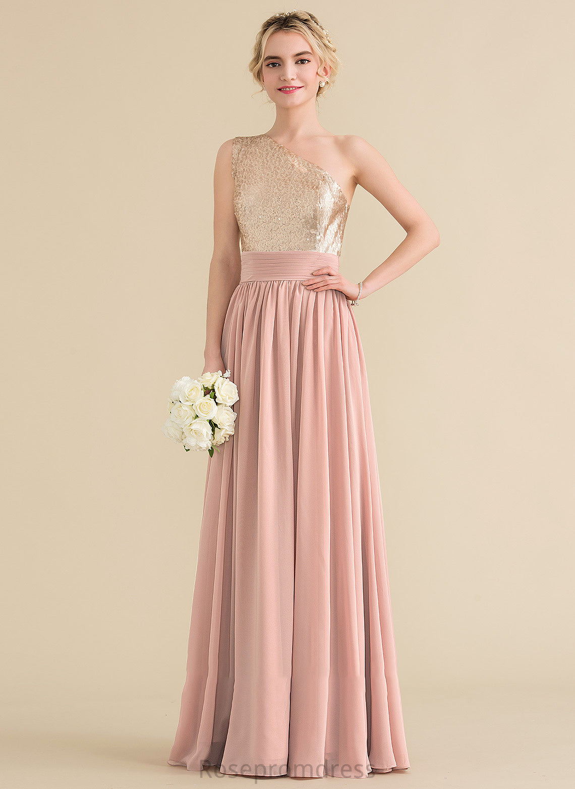 One-Shoulder A-Line Sequined Silhouette Straps Fabric Neckline Length Floor-Length Gillian Bridesmaid Dresses