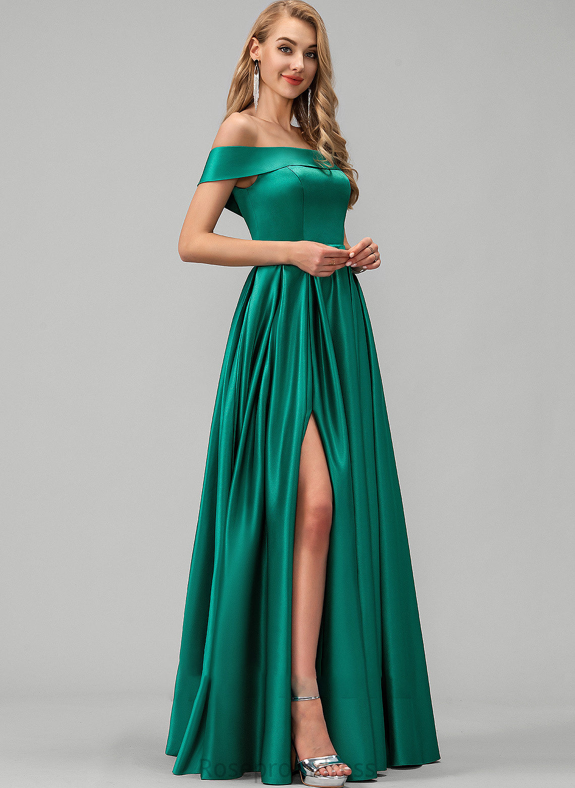 Satin Off-the-Shoulder Split Ball-Gown/Princess With Prom Dresses Floor-Length Front Rosalind Pockets
