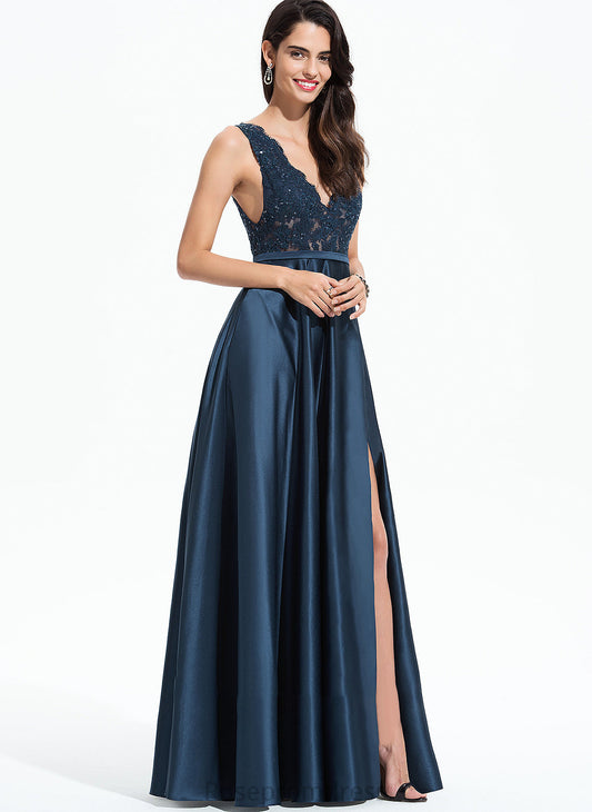 Prom Dresses Satin Pockets Lace Katherine With Sequins A-Line Floor-Length Split Front V-neck
