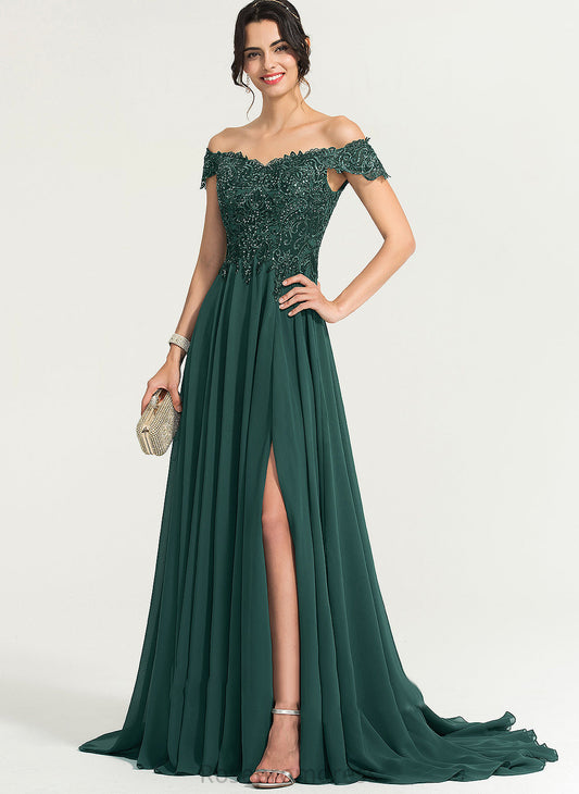 Off-the-Shoulder Prom Dresses A-Line Chiffon Split Sweep Front Janae Train With Sequins