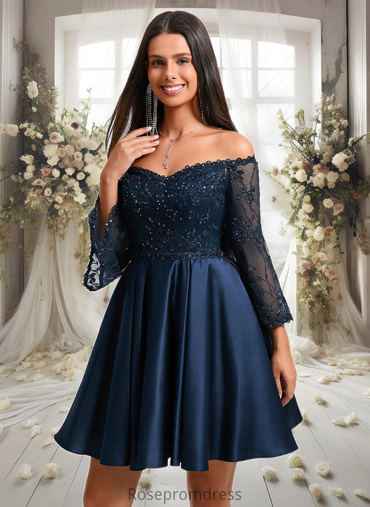 Nyasia A-line Off the Shoulder Short Satin Homecoming Dress With Sequins DSP0025651