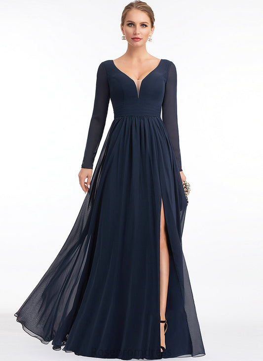 Fabric SplitFront Floor-Length Neckline Length Silhouette A-Line Embellishment V-neck Vivien Empire Waist Sleeveless Bridesmaid Dresses