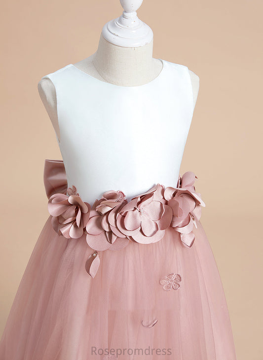 Flower(s)/Bow(s) Dress A-Line Scoop Flower Girl Dresses Tea-length Livia Neck With Sleeveless Satin/Tulle Girl - Flower
