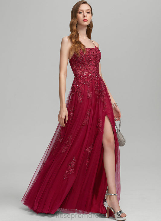 Neckline Floor-Length With Split Sequins Front A-Line Square Tulle Prom Dresses Danica