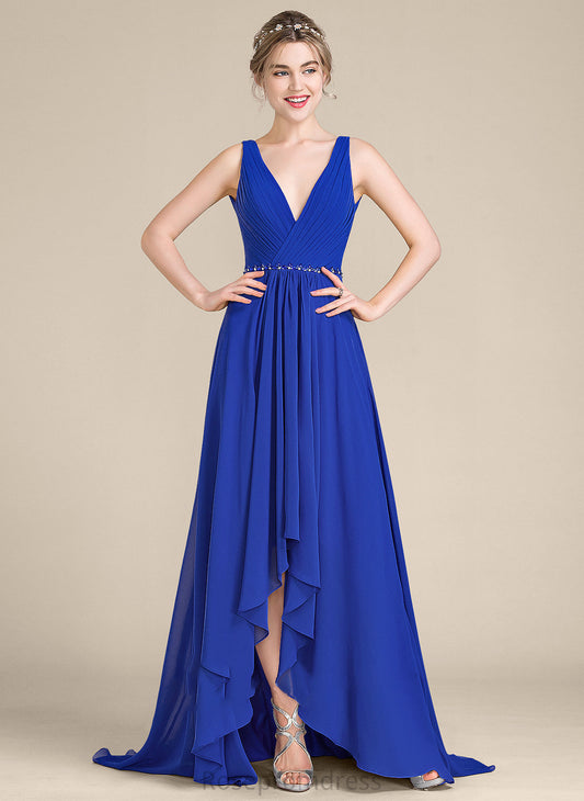 Neckline Length Fabric Sequins Embellishment Silhouette Beading A-Line V-neck Asymmetrical Ruffle Aniya Bridesmaid Dresses