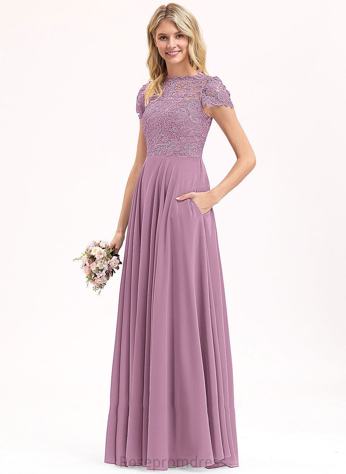 Pockets ScoopNeck Fabric Embellishment Neckline Floor-Length Length Silhouette A-Line Daisy V-Neck Natural Waist Bridesmaid Dresses