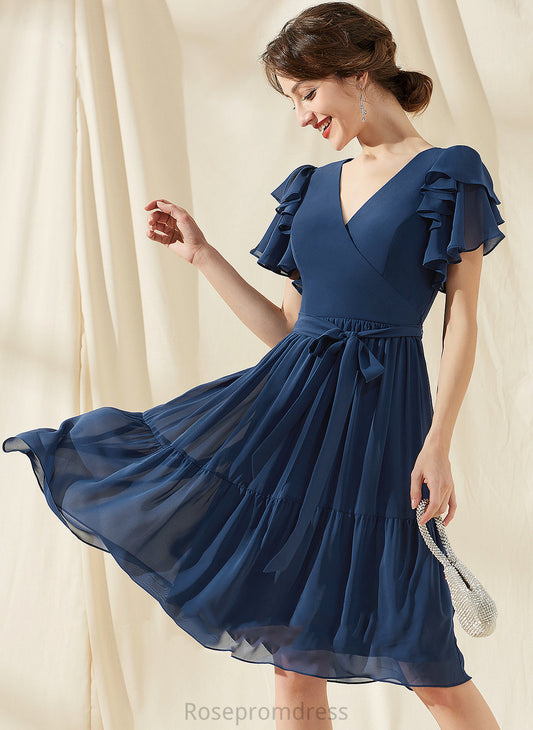 Neckline Silhouette Fabric Length Bow(s) Embellishment CascadingRuffles A-Line Knee-Length V-neck Hilda Bridesmaid Dresses
