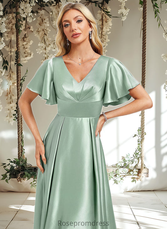 Tracy A-line V-Neck Asymmetrical Stretch Satin Bridesmaid Dress With Ruffle DSP0025772