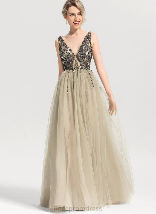 Sequins Floor-Length Marcia Beading Front A-Line V-neck Tulle Split With Prom Dresses