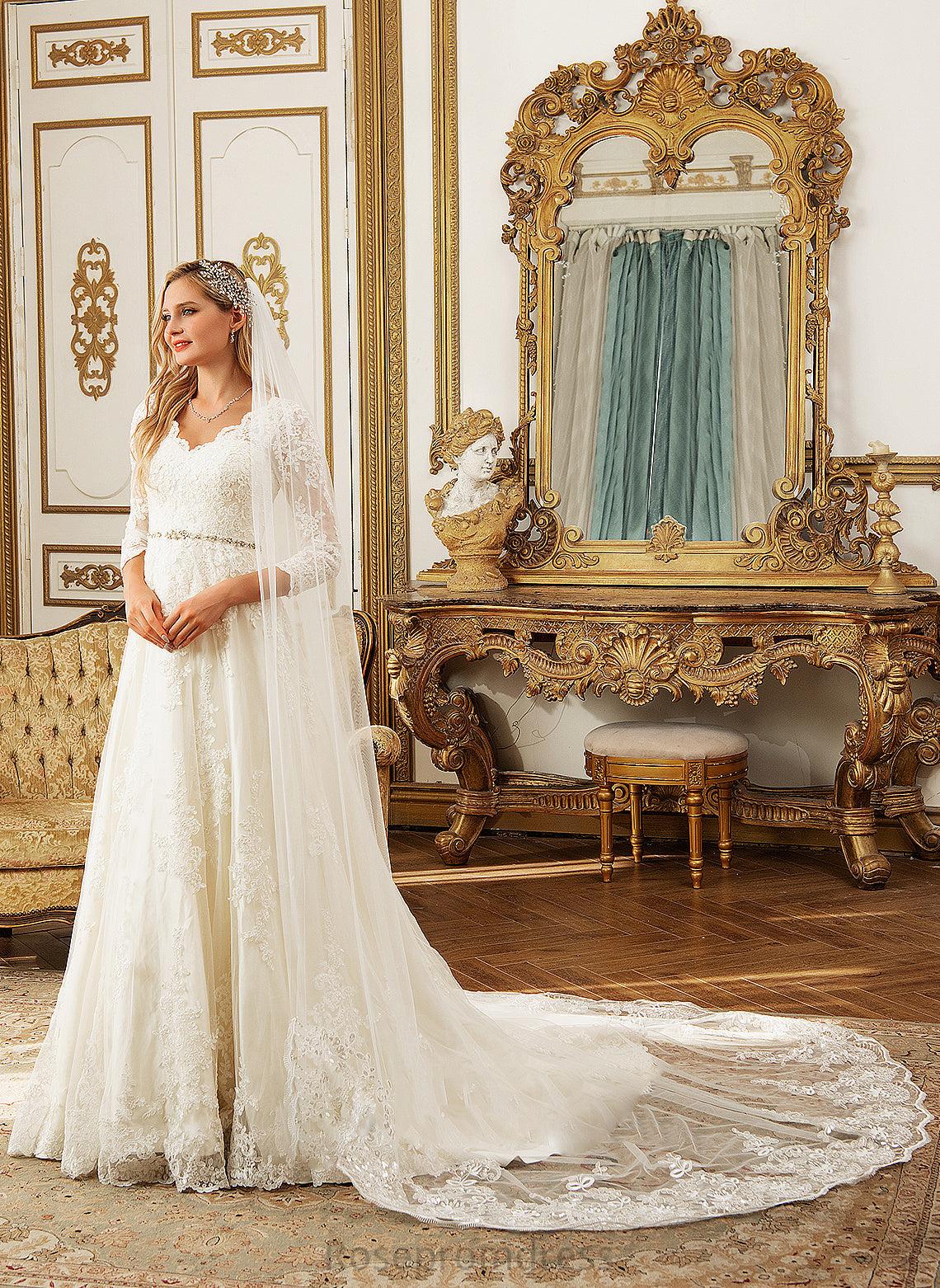 Abagail Beading With V-neck Chapel Train Wedding Dresses Dress Ball-Gown/Princess Lace Sequins Tulle Wedding