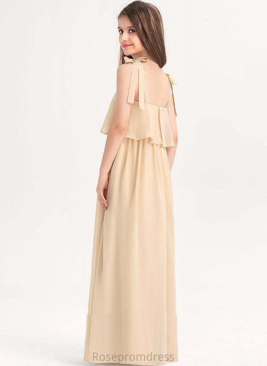 Ruffles A-Line Amber With Neckline Bow(s) Floor-Length Junior Bridesmaid Dresses Square Chiffon Cascading