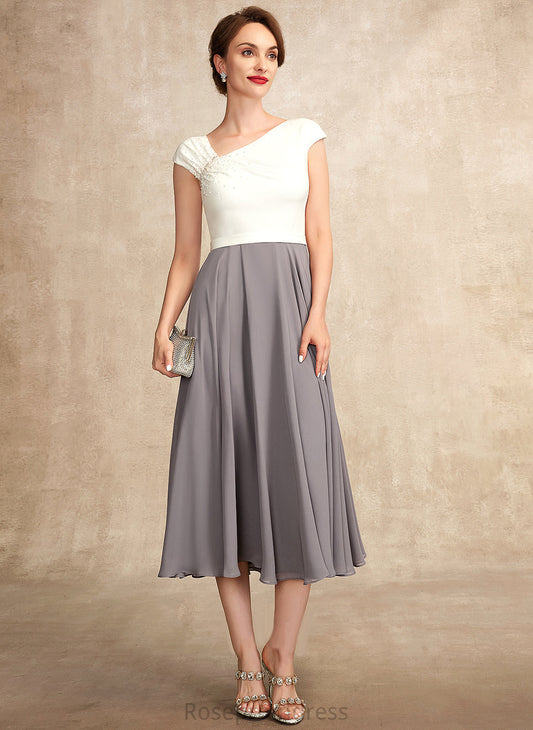 A-Line Tea-Length Ruffle Sequins Mother With Bride Mother of the Bride Dresses Rose Dress the Beading Chiffon of V-neck