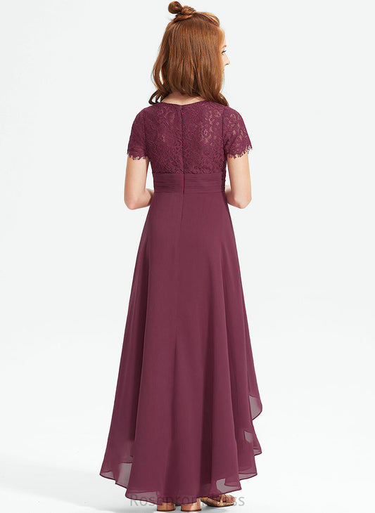 A-Line V-neck Ruffle Junior Bridesmaid Dresses Asymmetrical Katie With Chiffon Lace