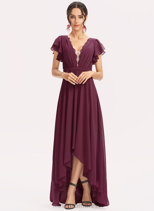 Neckline V-neck Embellishment CascadingRuffles Silhouette Fabric Length Lace A-Line Asymmetrical Nina Natural Waist Bridesmaid Dresses