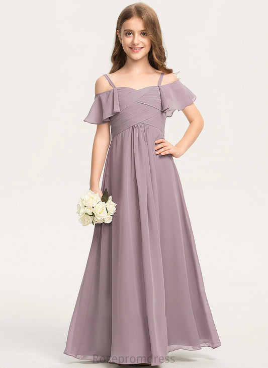 With A-Line Junior Bridesmaid Dresses Mckenzie Chiffon Floor-Length Off-the-Shoulder Ruffle