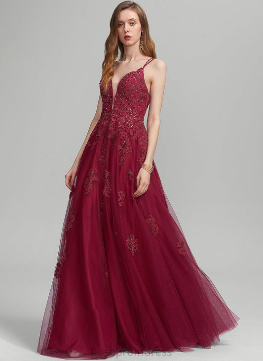 Prom Dresses Beading V-neck Floor-Length Tulle With A-Line Sequins Kadence