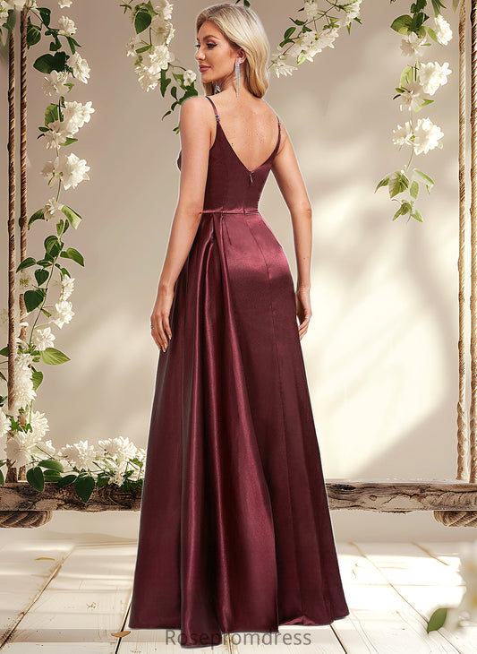 Kiera A-line V-Neck Floor-Length Stretch Satin Bridesmaid Dress With Ruffle DSP0025785