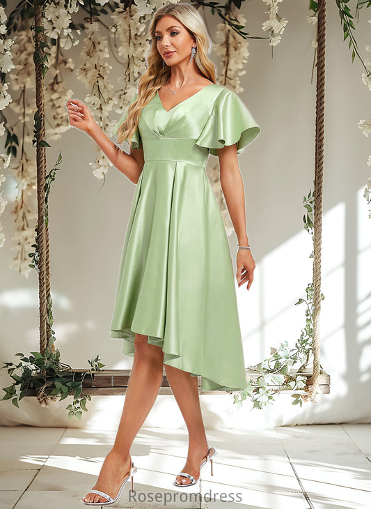 Daisy A-line V-Neck Asymmetrical Satin Bridesmaid Dress With Ruffle DSP0025776